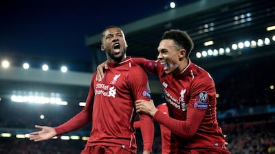Georginio Wijnaldum celebrates after scoring Liverpool's third goal. EPA