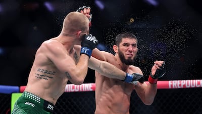 Ian Machado Garry of Ireland, left, lost to Islam Makhachev of Russia in the welterweight title bout during UFC 330 at Xfinity Mobile Arena in Philadelphia. AFP