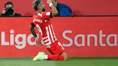 Girona's Argentinian forward Taty Castellanos celebrates scoring the opening goal against Real Madrid. AFP