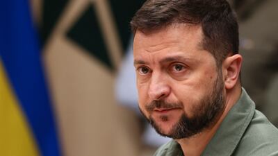 Ukraine's President Volodymyr Zelenskyy waits for the start of a meeting with Germany's Chancellor Olaf Scholz during a Nato summit in Vilnius on July 12, 2023. AP
