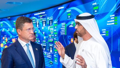 Dr Sultan Al Jaber, UAE Minister of State and Group CEO of the Abu Dhabi National Oil Company and Alexander Novak, Minister of Energy of the Russian Federation, at Adnoc's Panorama digital command centre. Photo courtesy of Adnoc