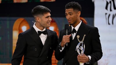 Men's tennis player Carlos Alcaraz on stage with Jude Bellingham to present the Real Madrid midfielder with the Laureus World Breakthrough of the Year award. Getty