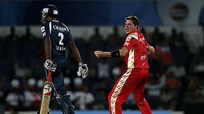 The Challengers' Dale Steyn celebrates dismissing Tirumalasetti Suman.