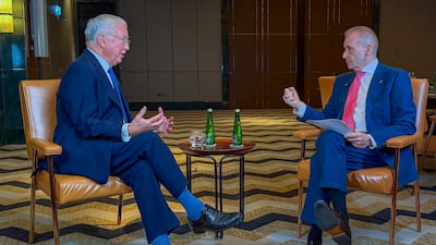 Sir Michael Fallon, former UK defence secretary, during an interview with Manus Cranny of The National at Waldorf Astoria, DIFC. Ahmed Ramzan / The National