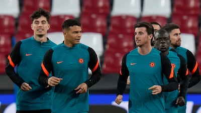 Chelsea's Thiago Silva, centre left, and Mason Mount, centre right, during training. AP