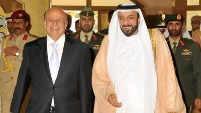 UAE President, Sheikh Khalifa bin Zayed Al Nahyan, receives the President of Yemen, Abdrabbu Mansour Hadi, who is on his first official visit to the Emirates.