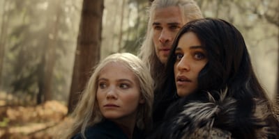 From left, Freya Allan as Ciri, Liam Hemsworth as Geralt of Rivia and Anya Chalotra as Yennefer in The Witcher. Photo: Netflix