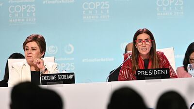 Chilean Environment Minister and President of COP25, Carolina Schmidt delivers a speech during the final plenary session of the COP25 conference. EPA