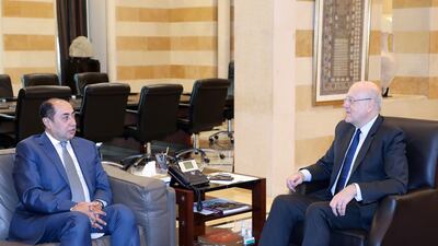 Lebanese Prime Minister Najib Mikati meets Hossam Zaki at the government palace in Beirut. EPA