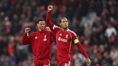 Virgil van Dijk celebrates Liverpool's win over Real Madrid in the Uefa Champions League at Anfield. Getty Images