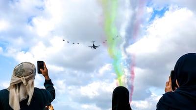 Another aerial formation by the crews of the UAE's Air Force to mark the Day of Solidarity in the skies along the Corniche in Abu Dhabi