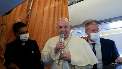Pope Francis greets journalists onboard the papal plane before his five-day pastoral visit to Cyprus and Greece. The visit has been eagerly awaited by the estimated 25,000 Catholics in Cyprus. These include thousands of Maronites whose ancestors arrived from Syria and Lebanon, but most are overseas workers from the Philippines and South Asia, along with African migrants. AP