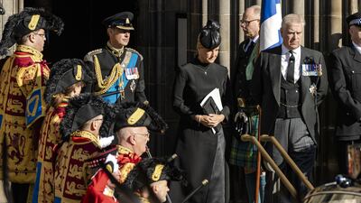 The Earl and Countess of Wessex and the Duke of York leave St Giles' Cathedral after the service of prayer and reflection for the queen's life on Monday.