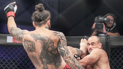 Brave Combat Federation 27 at the Mubadala Arena. Middleweight: Mohammad Fakhreddine (LEB) kicks Christofer Silva (BRA) to take the win during the first round. Victor Besa / The National