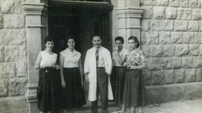 Amal Antonios Boody (far left) as a student in Aleppo. Photo courtesy Amal.