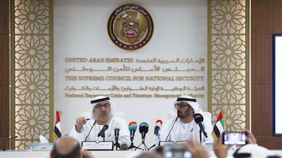 Abdulrahman Al Owais, Minister of Health and Prevention, with Hussain Al Hammadi, Minister of Education, at the briefing on coronavirus at the National Emergency Crisis and Disaster Management Authority. Leslie Pableo for The National