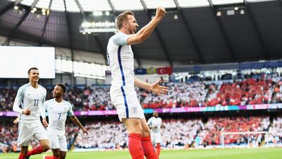 Harry Kane of England celebrates scoring the opening goal during the international friendly match between England and Turkey at Etihad Stadium on May 22, 2016 in Manchester, England. (Laurence Griffiths/Getty Images)