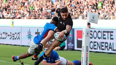 TJ Perenara scores New Zealand's eleventh try during the Rugby World Cup 2019 Group B game against Namibia at Tokyo Stadium on Sunday, October 6. Getty