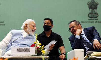 India's Prime Minister Narendra Modi, left, with World Health Organisation Director General Tedros Adhanom Ghebreyesus. AFP