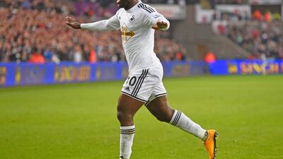 Wilfried Bony of Swansea City celebrates scoring against Crystal Palace at Liberty Stadium on November 29, 2014 in Swansea, Wales. Getty Images