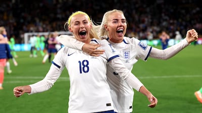 England's Chloe Kelly celebrates with Alex Greenwood after scoring the winning penalty in the shoot-out against Nigeria in the Women's World Cup last-16 match at Brisbane Stadium, Australia, on Monday, August 7, 2023. PA