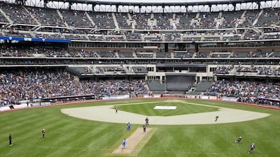 A general view of the teams, captained by Sachin Tendulkar and Shane Warne, playing Twenty20 cricket at baseball’s home of the New York Mets on Saturday. Dominick Reuter / Reuters