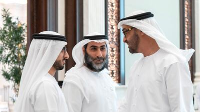 Sheikh Mohamed bin Zayed meets the top performing pupils of the year and their parents at Al Bateen Palace. Rashed Al Mansoori / Ministry of Presidential Affairs