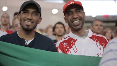 A handout still of "Lights of Rome", the documentary following the true underdog story of how the UAE national football team pulled off a miracle by qualifying for the 1990 World Cup in Italy. The Photo shows former UAE players Abdulrahman Al Haddad and Ali Thani at the Maracana Stadium in Rio de Janeiro where they were reunited with their former Coach Carlos Alberto Parreira. Courtesy Image Nation