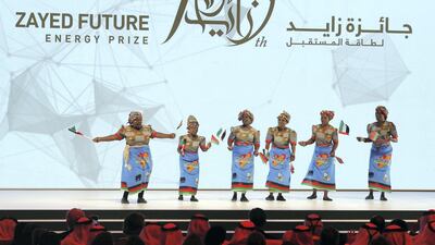 Dancers from Malawi at the Zayed Future Energy Prize awards ceremony as part of Abu Dhabi Sustainability Week. Chris Whiteoak / The National