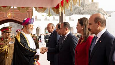 Sultan Haitham greets members of the Egyptian delegation.
