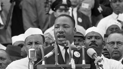 Dr Martin Luther King Jr, head of the Southern Christian Leadership Conference, addresses marchers during his "I Have a Dream" speech at the Lincoln Memorial in Washington. AP Photo