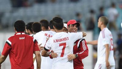 UAE coach Mahdi Ali, right, and striker Ali Mabkhout confirmed their team's progression to this stage by finishing runner-up to Saudi Arabia in Group A during the recently concluded second round of qualification. Courtesy UAE FA