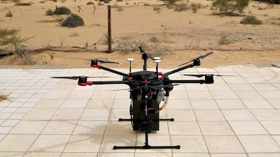 One of the drones being used by Cafu to plant one million ghaf tree seeds across the UAE over the next two years. Pawan Singh / The National