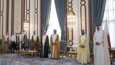 Sheikh Mohammed bin Rashid and Sheikh Mohammed bin Zayed offer condolences to Sheikh Tamim bin Hamad Al Thani Emir of Qatar (R) on the passing of Sheikh Khalifa bin Hamad Al Thani. Seen with Sheikh Hamdan bin Mohammed, Sheikh Hamdan bin Rashid, Sheikh Rashid bin Saud bin Rashid Al Mu’alla, Crown Prince of Umm Al Quwain, Sheikh Hamad bin Mohammed Al Sharqi, and Sheikh Humaid bin Rashid Al Nuaimi. Mohamed Al Hammadi / Crown Prince Court - Abu Dhabi