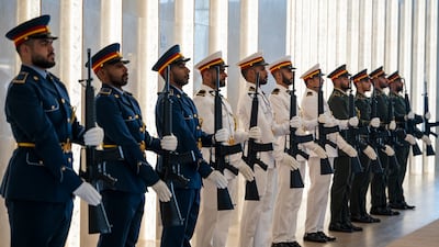 UAE Armed Forces Honour Guard participate in the arrival at the Presidential Airport. UAE Presidential Court