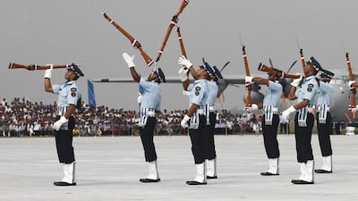 Indian Air Force soldiers perform during the Indian Air Force Day celebrations in New Delhi. Anindito Mukherjee / Reuters