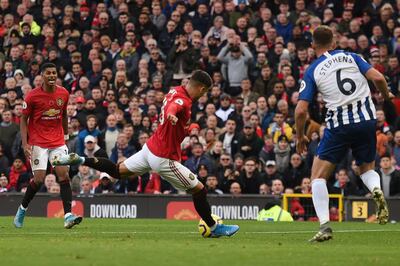 Manchester United's Andreas Pereira, centre, scores the opening goal against Brighton at Old Trafford. AFP