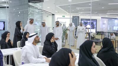 Sheikh Mohammed bin Rashid, Sheikh Mohammed bin Zayed, Sheikh Hamdan bin Mohammed and Shamma Al Mazrui tour the Youth Hub which is designed as a creative space for Emiratis under the age of 30. Wam