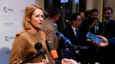 EU High Representative for Foreign Affairs and Security Policy Kaja Kallas delivers a statement. AFP