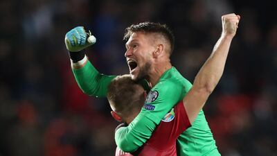 Goalkeeper Tomas Vaclik of Czech Republic (R) and Jakub Brabec celebrate their victory after the UEFA EURO 2020 qualifier soccer match between Czech Republic and England in Prague, Czech Republic. EPA