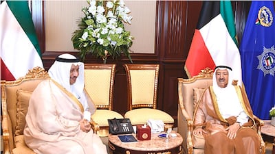 Kuwait’s Emir Sheikh Sabah Al Ahmad with Prime Minister Sheikh Jaber Al Mubarak at Bayan Palace on August 26, 2019. KUNA
