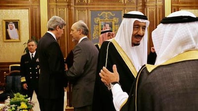 Saudi Arabia's Crown Prince Salman bin Abdulaziz Al Saud, second right, is greeted as, John Kerry, the US secretary of state, second from left, speaks with an advisor before the start of their meeting in Riyadh on Monday. Jacquelyn Martin / AP Photo