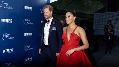 Prince Harry and Meghan arrive at the Intrepid Sea, Air & Space Museum for the Salute to Freedom Gala in New York, in November 2021. AP