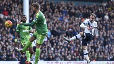 Tottenham’s Christian Eriksen shoots and scores their third goal on Saturday against Sunderland at White Hart Lane. Toby Melville / Reuters