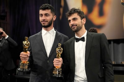Basel Adra, left, and Yuval Abraham, Academy Award winners for best documentary feature film for No Other Land. AP