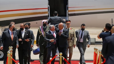 Iraqi President Barham Salih receives King Abdullah II of Jordan at Baghdad International Airport. Reuters