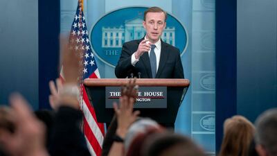 National Security Adviser Jake Sullivan speaks at the White House. AFP
