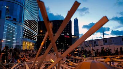 Protesters set up barriers outside the Legislative Council. AP Photo