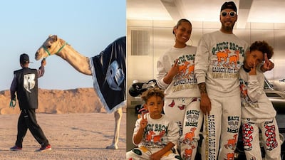 US rapper and producer Swizz Beatz is the first American to own a camel racing team in Saudi. Pictured right, wearing the team's merchandise with his wife, Alicia Keys, and their two children. Instagram / Swizz Beatz