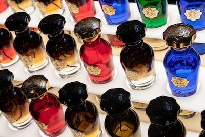 Fragrance bottles lined up at Al Bait Dimashqi Perfumes. Antonie Robertson / The National